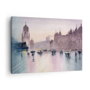 Impression sur toile - Image sur toile - Une rue de la ville au crépuscule dans un style aquarelle - 70x50cm - Dans une brume pluvieuse - Décoration murale moderne pour le salon et la chambre ARTTOR