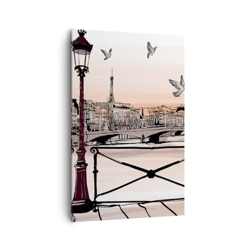 Impression sur toile - Image sur toile - Vue parisienne avec une lanterne et un pont - 80x120cm - Sur les toits de Paris - Décoration murale moderne pour le salon et la chambre ARTTOR