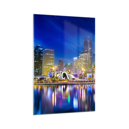 Impression sur verre - Image sur verre - Panorama nocturne de la ville avec les lumières reflétées sur l'eau - 70x100cm - Nuit arc-en-ciel de la métropole - Décoration murale moderne pour le salon et la chambre ARTTOR
