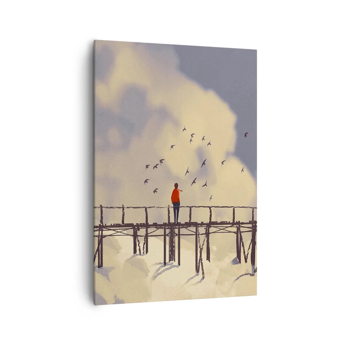 Impression sur toile - Image sur toile - Une silhouette sur un pont parmi les nuages avec des oiseaux dans le ciel - 70x100cm - Bleu nostalgie - Décoration murale moderne pour le salon et la chambre ARTTOR