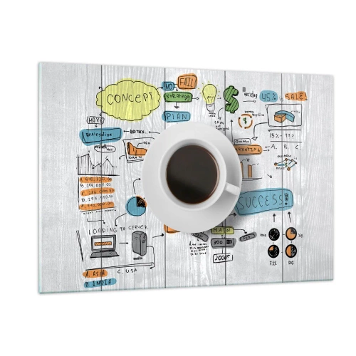 Impression sur verre - Image sur verre - Une tasse de café sur fond de diagrammes et de dessins conceptuels - 120x80cm - Il est temps de faire une pause - Décoration murale moderne pour le salon et la chambre ARTTOR