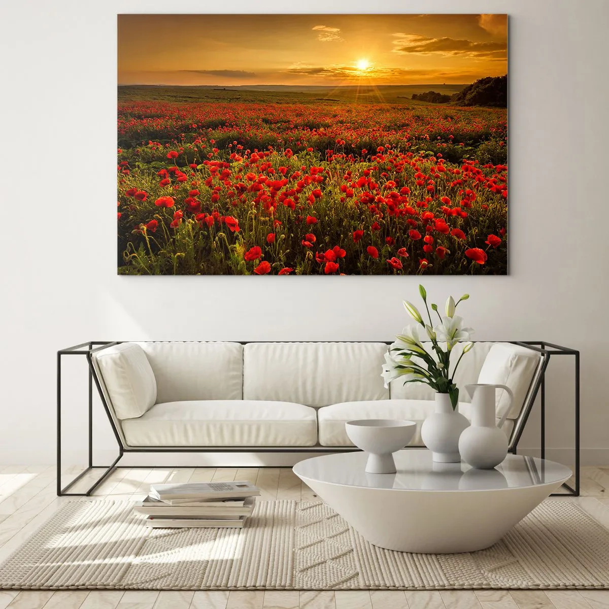 Impression sur verre - Image sur verre - Un champ de coquelicots illuminé par les rayons du soleil couchant - 70x50cm - Parmi les vagues des prairies bruissantes, parmi les fleurs du déluge - Décoration murale moderne pour le salon et la chambre ARTTOR