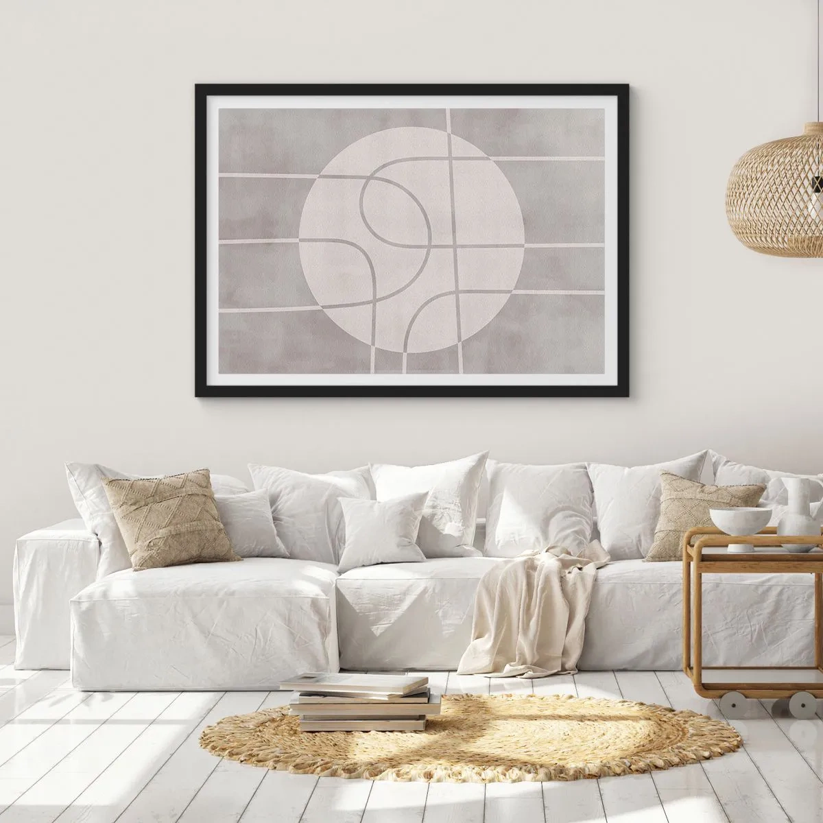 Affiche dans un cadre noir - Poster - Motif géométrique dans les tons de gris et de blanc - 100x70cm - Circulaire et tout droit - Décoration murale moderne pour le salon et la chambre ARTTOR