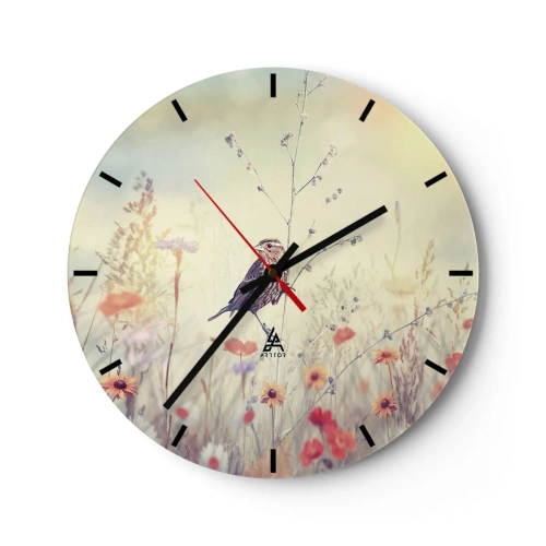 Horloge murale - Pendule murale - Un oiseau parmi les fleurs sauvages aux tons pastel délicats - 30x30cm - Portrait d'oiseau sur pré en fond - Décoration murale moderne pour le salon, la cuisine et la chambre ARTTOR