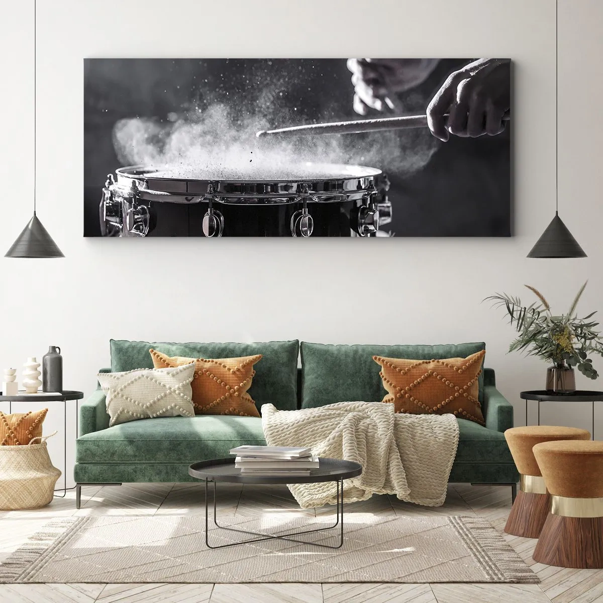 Impression sur toile - Image sur toile - Frapper la caisse claire avec des baguettes avec un effet de poussière - 120x50cm - Tempo de la musique - Décoration murale moderne pour le salon et la chambre ARTTOR