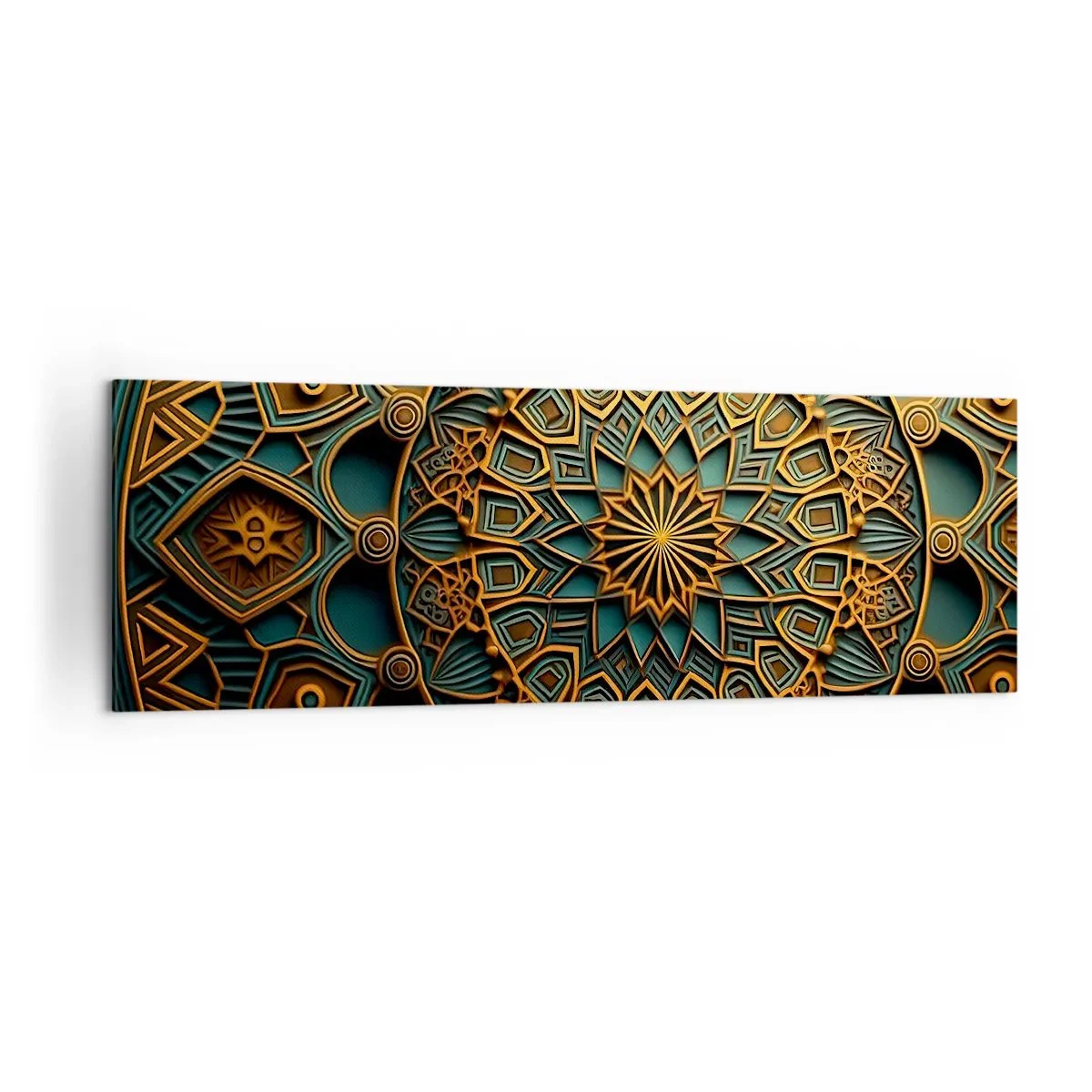 Impression sur toile - Image sur toile - Un mandala doré sur fond turquoise avec des détails riches. - 160x50cm - Dans une ambiance arabe - Décoration murale moderne pour le salon et la chambre ARTTOR