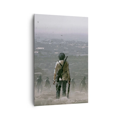 Impression sur toile - Image sur toile - Une silhouette avec une arme se tient devant un groupe dans un paysage dystopique. - 80x120cm - Dernier samaritain ? - Décoration murale moderne pour le salon et la chambre ARTTOR