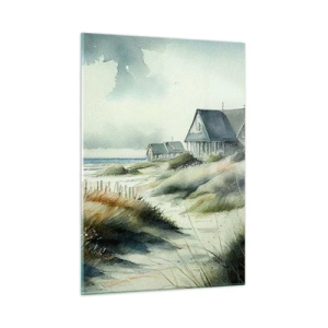 Impression sur verre - Image sur verre - Maisons de dunes en bord de mer sous un ciel nuageux - 50x70cm - Loin de l'agitation - Décoration murale moderne pour le salon et la chambre ARTTOR