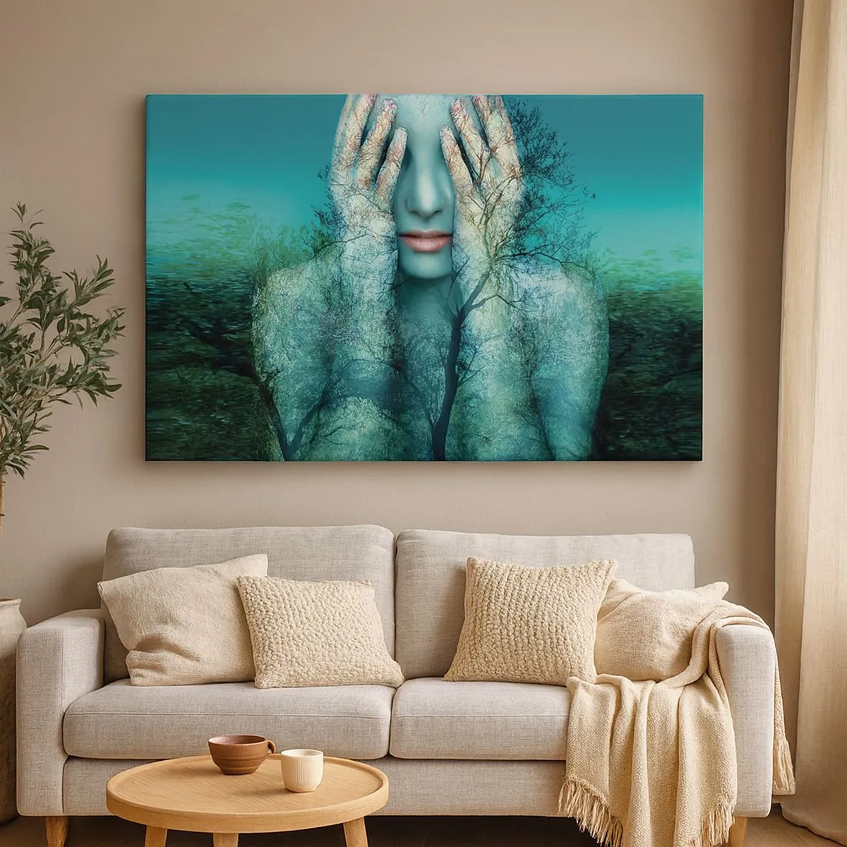Impression sur toile - Image sur toile - Une figure de femme avec un motif d'arbre sur un fond de paysage turquoise - 70x50cm - immergé dans l'azur - Décoration murale moderne pour le salon et la chambre ARTTOR