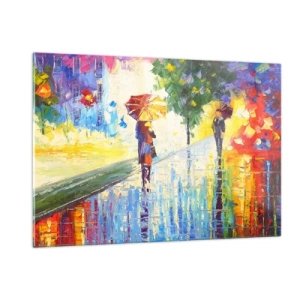 Impression sur verre - Image sur verre - Une promenade colorée sous la pluie avec un parapluie impressionniste - 120x80cm - Et tout est clair - Décoration murale moderne pour le salon et la chambre ARTTOR