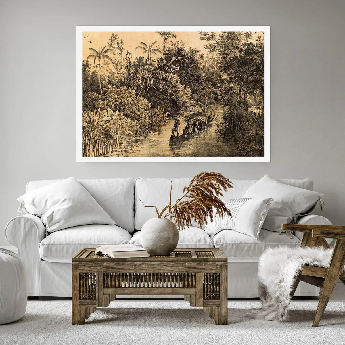 Affiche - Poster - Dessin d'une jungle avec un bateau sur une rivière - 100x70cm - Expédition à la source - Décoration murale moderne pour le salon et la chambre ARTTOR