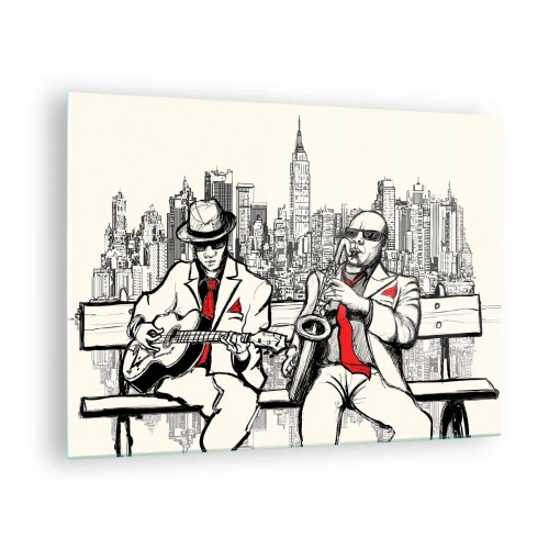 Impression sur verre - Image sur verre - Deux musiciens de jazz jouant avec en toile de fond la silhouette de la ville - 70x50cm - improvisation new-yorkaise - Décoration murale moderne pour le salon et la chambre ARTTOR