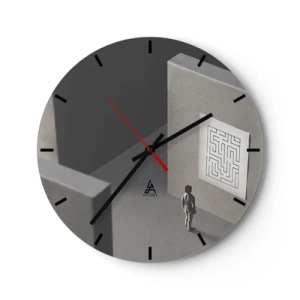 Horloge murale - Pendule murale - Une silhouette debout devant un labyrinthe sur un mur gris - 30x30cm - Mais où suis-je? - Décoration murale moderne pour le salon, la cuisine et la chambre ARTTOR