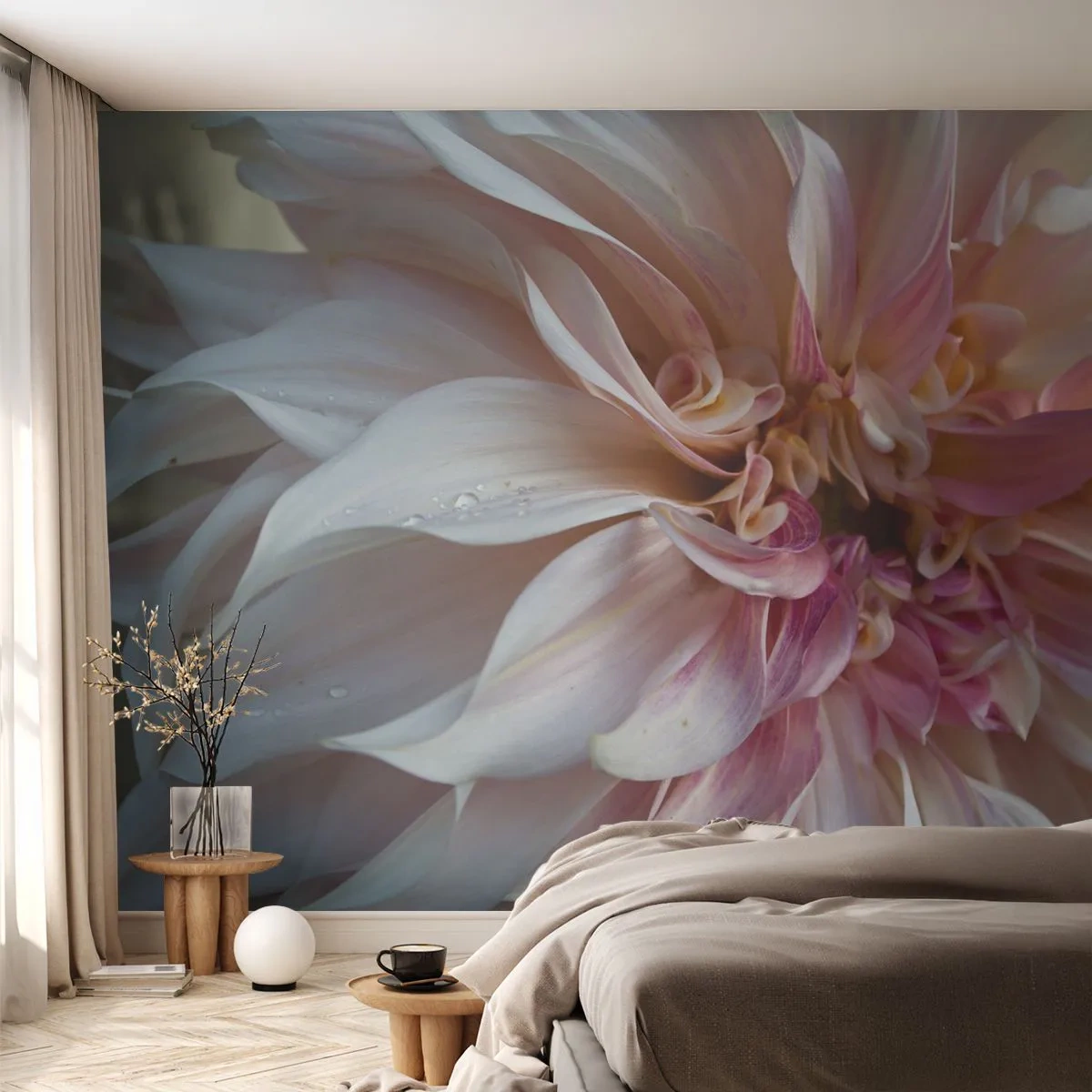 Papier Peint Photo Premium Sand - Gros plan d'une fleur rose et crème avec des gouttes de rosée - 100x70cm - Fraîcheur fleurissante - Décoration murale moderne pour le salon et la chambre ARTTOR