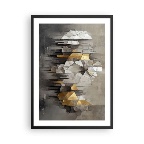 Affiche dans un cadre noir - Poster - Abstraction géométrique dans les tons de gris et d'or - 50x70cm - Composition de glace et de lumière - Décoration murale moderne pour le salon et la chambre ARTTOR