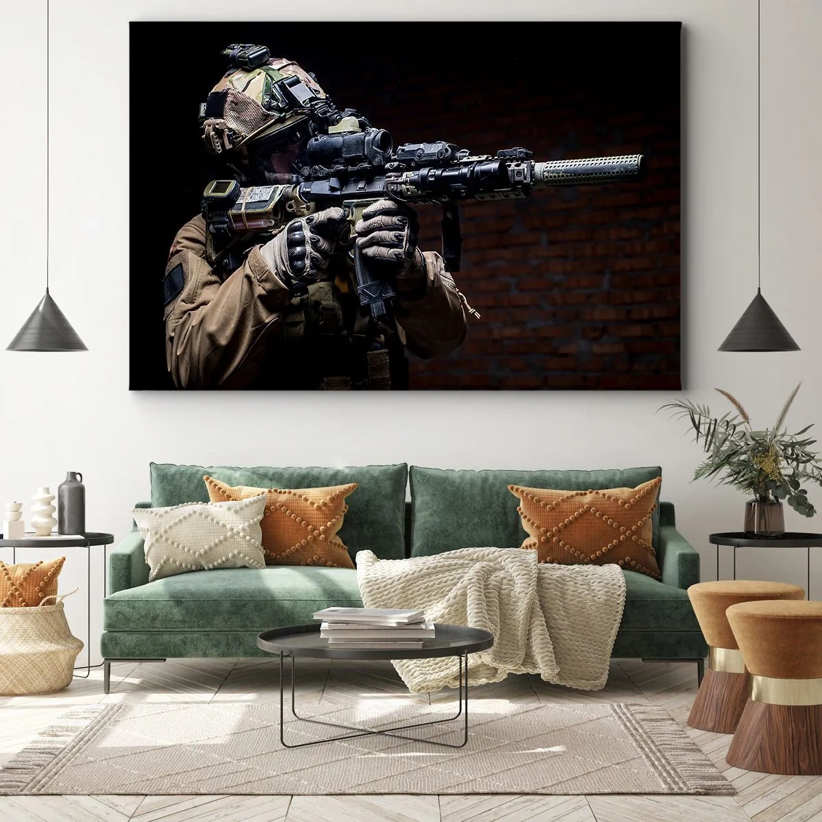 Impression sur toile - Image sur toile - Un soldat en équipement complet avec un fusil - 120x80cm - Meurtrier efficace - Décoration murale moderne pour le salon et la chambre ARTTOR