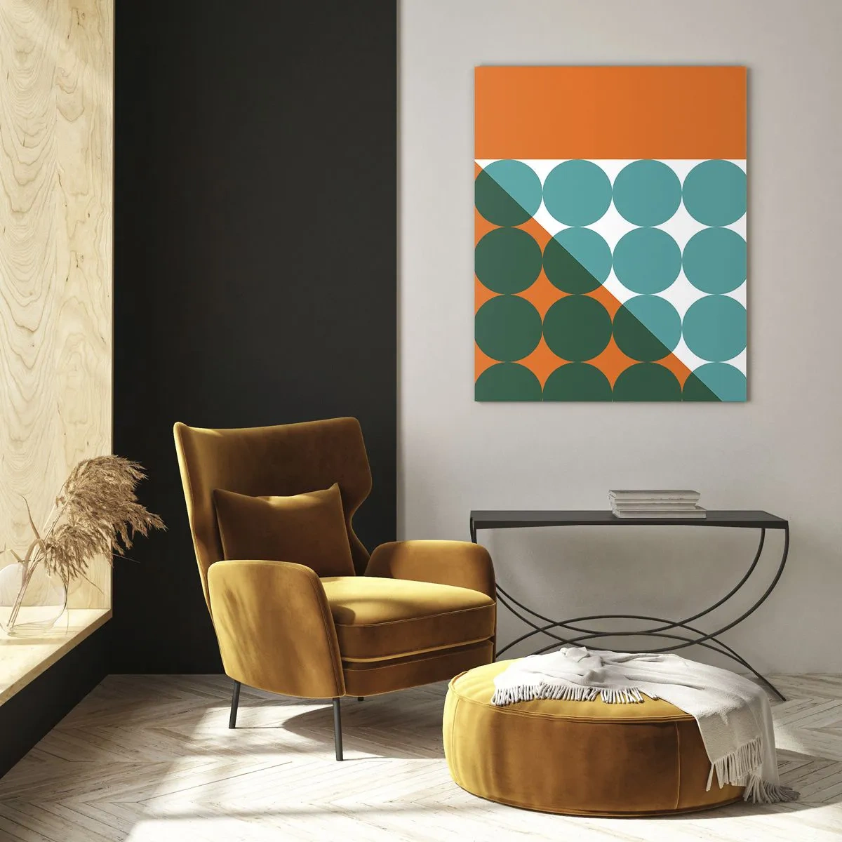 Impression sur verre - Image sur verre - Composition géométrique abstraite avec des cercles et un triangle - 50x70cm - En haut et en diagonale - Décoration murale moderne pour le salon et la chambre ARTTOR