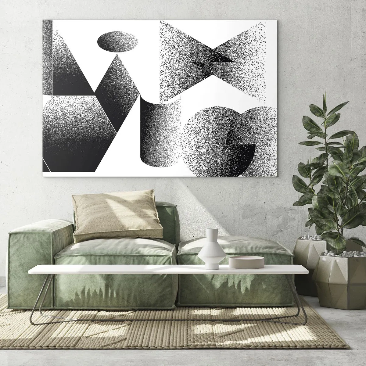 Impression sur verre - Image sur verre - Abstraction en noir et blanc avec des formes géométriques - 70x50cm - Angles et ovales - Décoration murale moderne pour le salon et la chambre ARTTOR