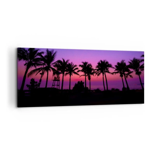 Impression sur toile - Image sur toile - Silhouettes de palmiers sur un ciel de coucher de soleil rose-violet - 120x50cm - Soirée sous les palmiers - Décoration murale moderne pour le salon et la chambre ARTTOR