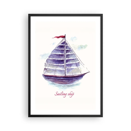 Affiche dans un cadre noir - Poster - Illustration à l'aquarelle d'un voilier sur une eau calme - 50x70cm - Plein de voiles et d’eau calme - Décoration murale moderne pour le salon et la chambre ARTTOR