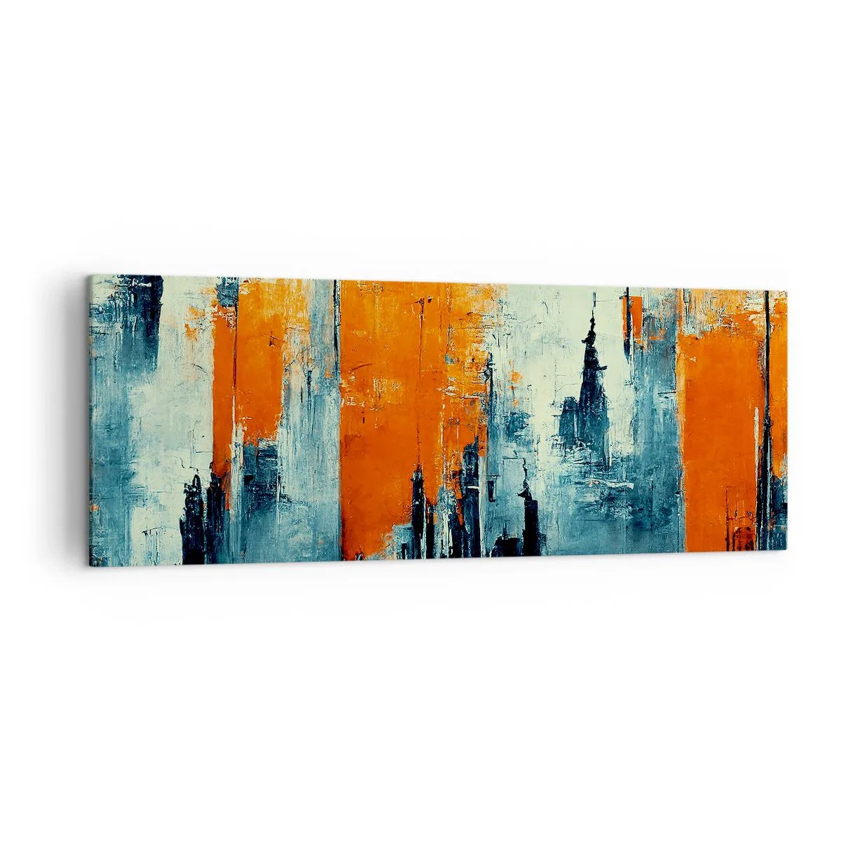 Impression sur toile - Image sur toile - Paysage urbain abstrait dans des tons orange et bleu - 140x50cm - Paysage moderne - Décoration murale moderne pour le salon et la chambre ARTTOR