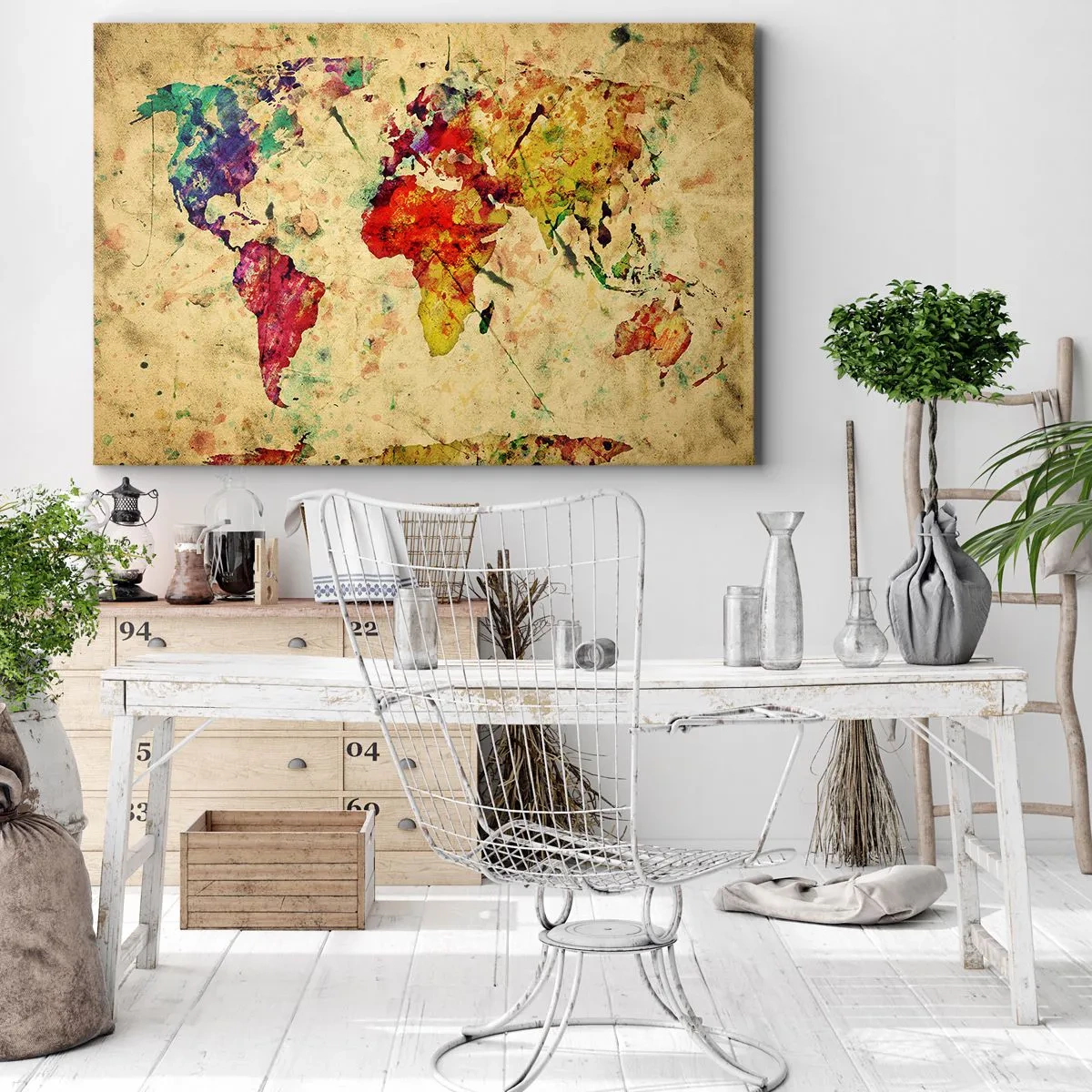 Impression sur toile - Image sur toile - Une interprétation colorée et artistique de la carte du monde - 70x50cm - La vie comme du papier carte coloré - Décoration murale moderne pour le salon et la chambre ARTTOR