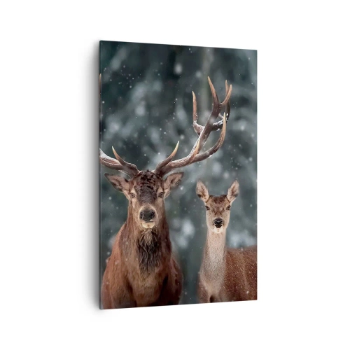 Impression sur toile - Image sur toile - Cerf dans une forêt d'hiver enneigée - 80x120cm - Le roi de la forêt avec sa femme - Décoration murale moderne pour le salon et la chambre ARTTOR