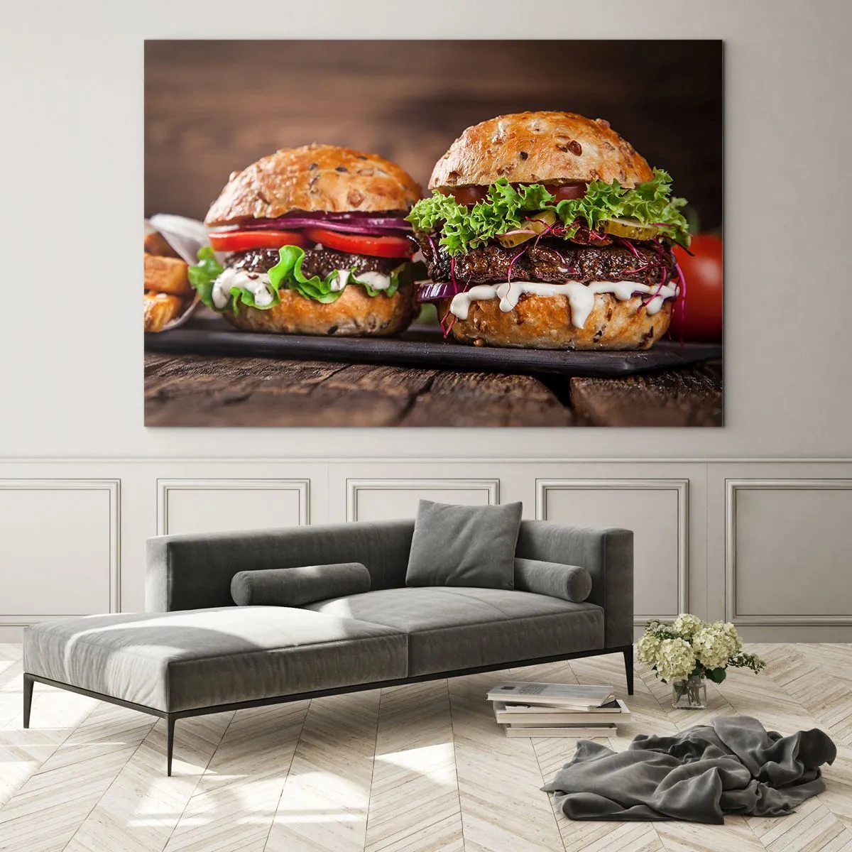 Impression sur verre - Image sur verre - Burgers appétissants avec légumes et sauce - 100x70cm - American dream - Décoration murale moderne pour le salon et la chambre ARTTOR