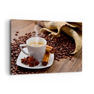 Impression sur toile - Image sur toile - Une tasse de café à la cannelle et à l'anis sur un fond de grains de café - 120x80cm - Saveur et arôme épicés - Décoration murale moderne pour le salon et la chambre ARTTOR