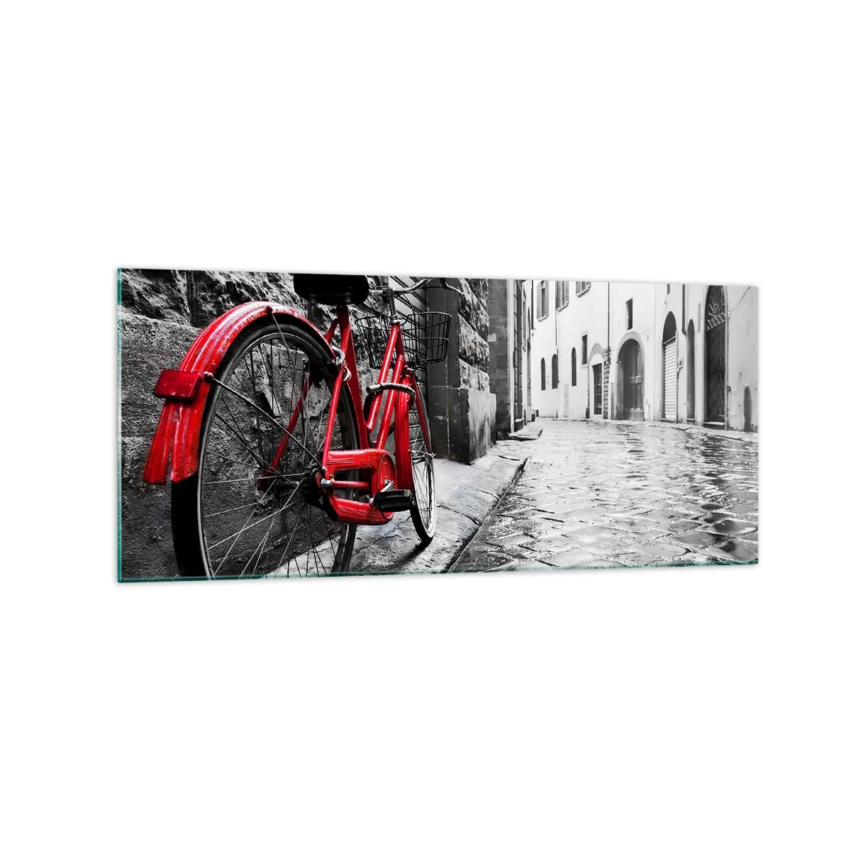 Impression sur verre - Image sur verre - Vélo rouge dans une rue en noir et blanc - 120x50cm - La vraie beauté ne vieillit pas - Décoration murale moderne pour le salon et la chambre ARTTOR