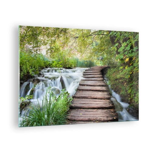 Impression sur verre - Image sur verre - Un pont dans la forêt au-dessus d'un ruisseau - 70x50cm - L'eau n'est pas si calme - Décoration murale moderne pour le salon et la chambre ARTTOR