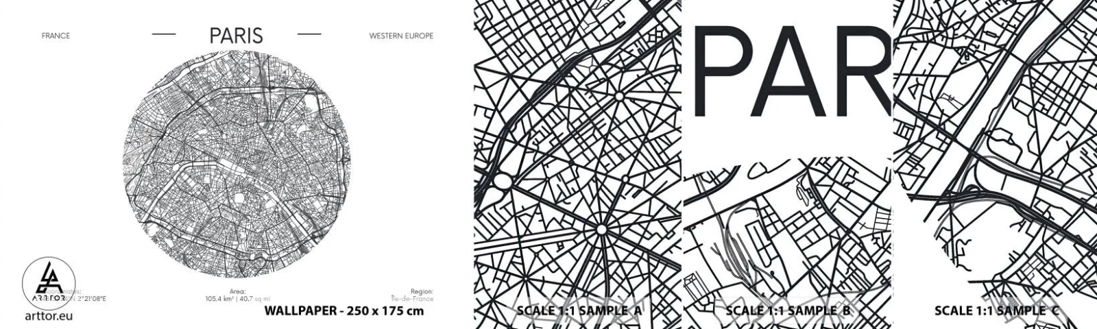 Échantillon De Papier Peint Standard Eco - Anatomie de Paris - Carte, Paris, France - 100x30 cm