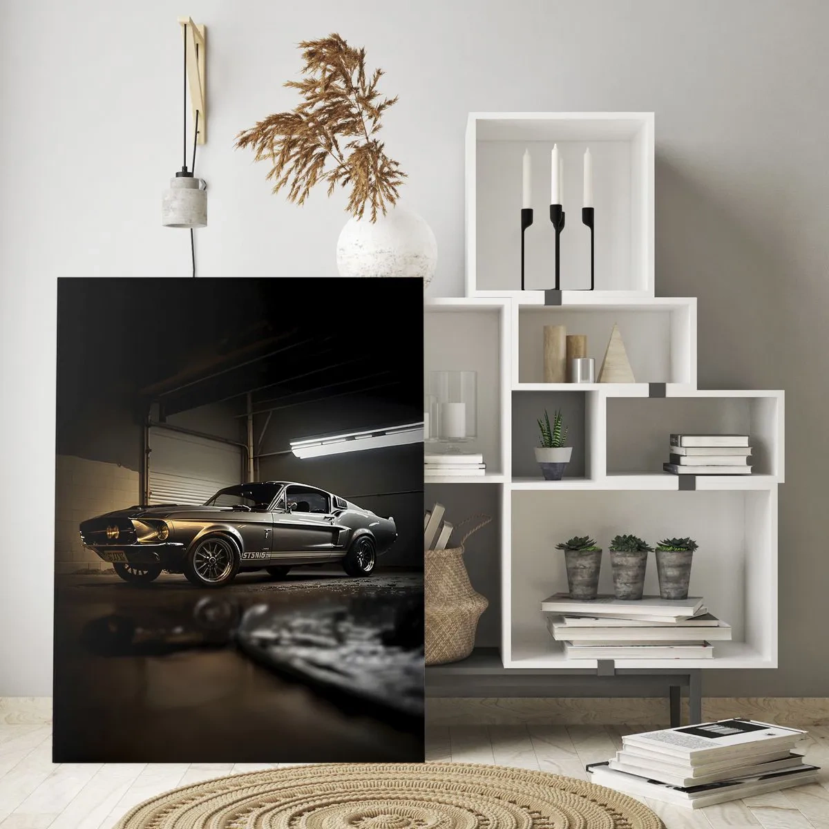 Impression sur verre - Image sur verre - Voiture classique dans un garage rétro - 80x120cm - Retour dans le passé - Décoration murale moderne pour le salon et la chambre ARTTOR