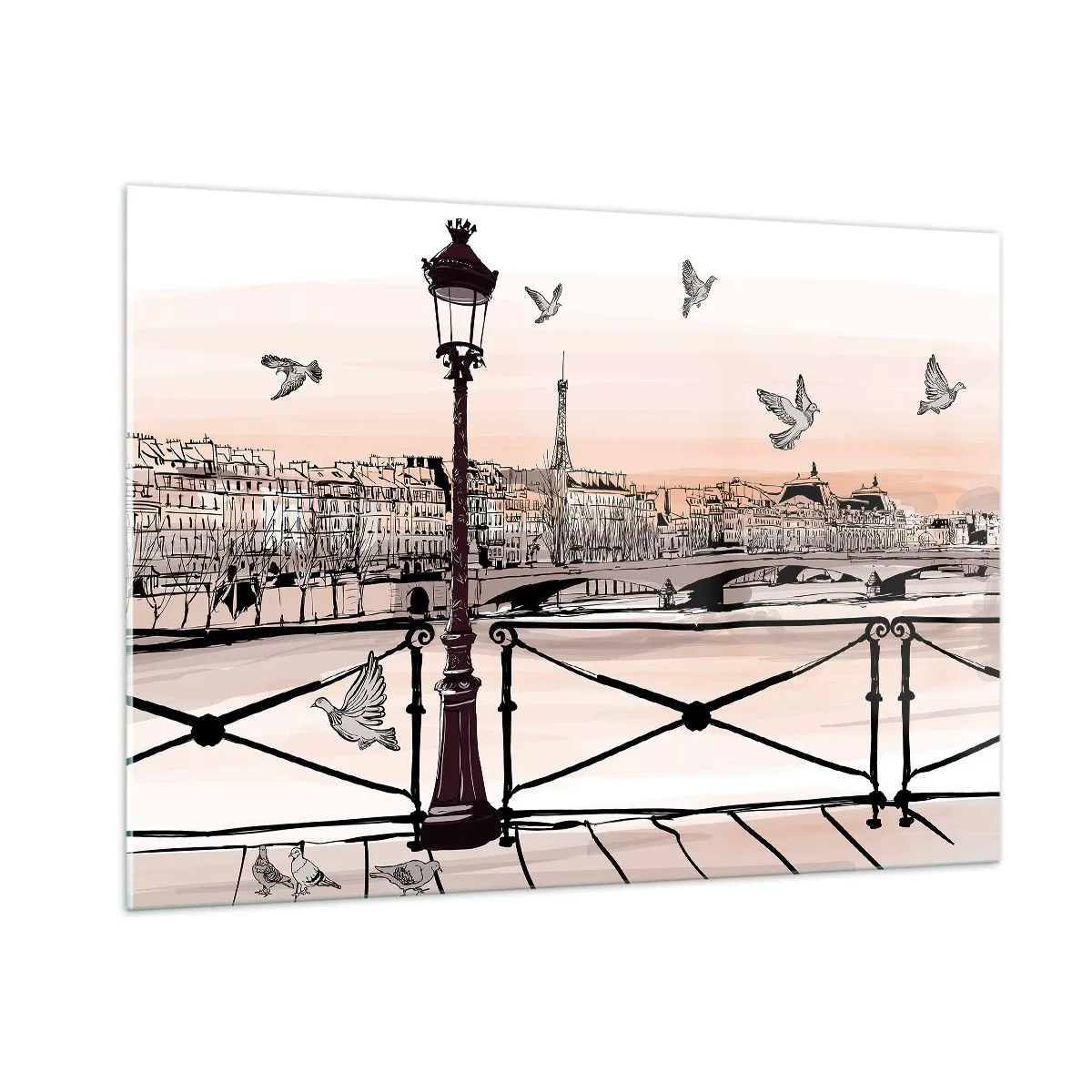Impression sur verre - Image sur verre - Illustration d'une rue parisienne avec vue sur la Tour Eiffel à l'aube - 100x70cm - Sur les toits de Paris - Décoration murale moderne pour le salon et la chambre ARTTOR