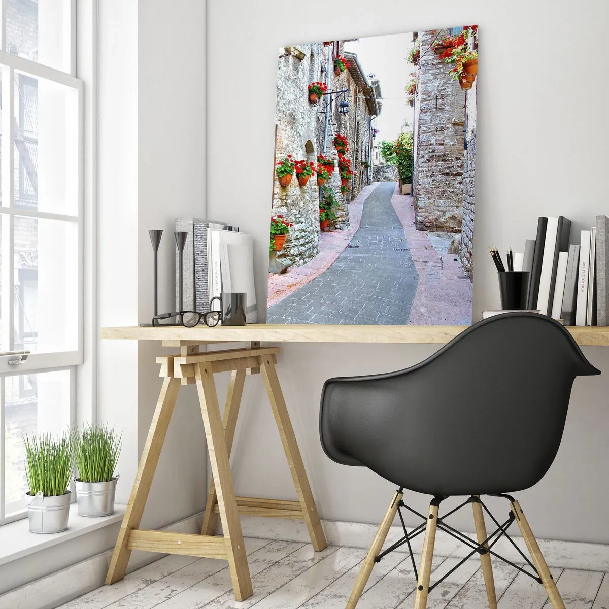 Impression sur verre - Image sur verre - Une rue étroite avec des bâtiments en pierre décorés de pots de fleurs - 70x100cm - Ambiance italienne - Décoration murale moderne pour le salon et la chambre ARTTOR
