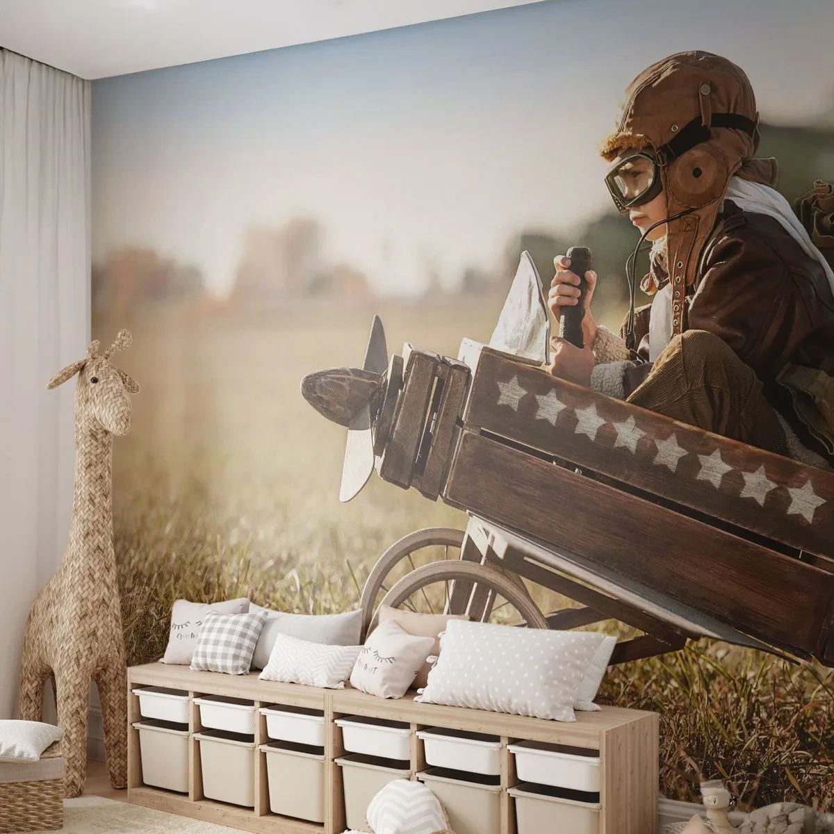 Papier Peint Photo Premium Sand - Départ vers un rêve - Garçon, Avion, Ancien - 500x350 cm