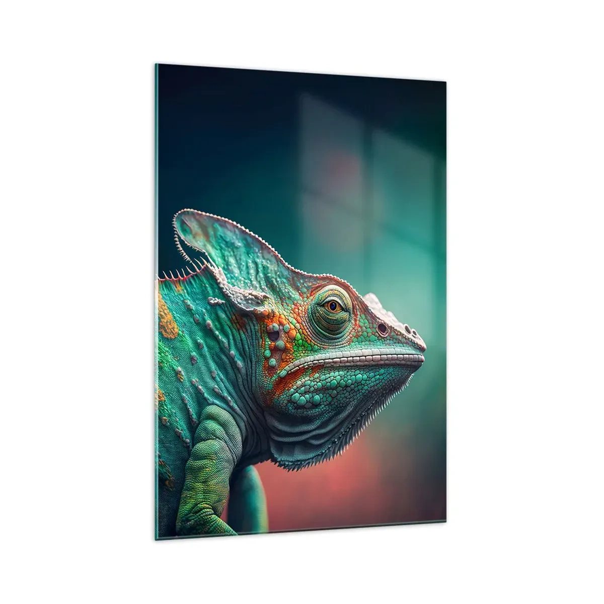 Impression sur verre - Image sur verre - Gros plan d'un caméléon aux couleurs intenses - 70x100cm - Vous me voyez? Pas bien… - Décoration murale moderne pour le salon et la chambre ARTTOR