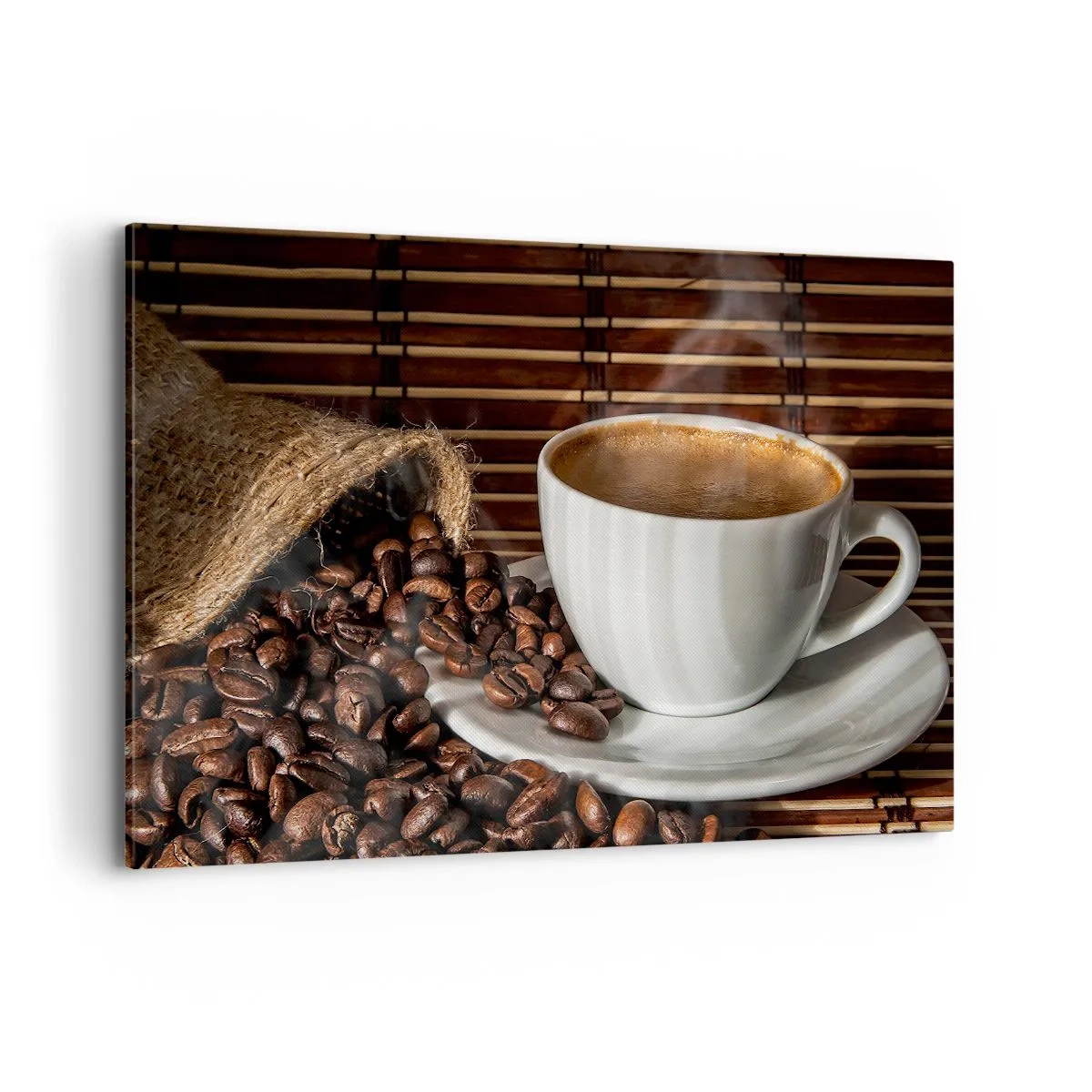 Impression sur toile - Image sur toile - Une tasse de café avec des grains sur un fond de bambou - 120x80cm - La noirceur du charbon, la clarté de l'ambre - Décoration murale moderne pour le salon et la chambre ARTTOR