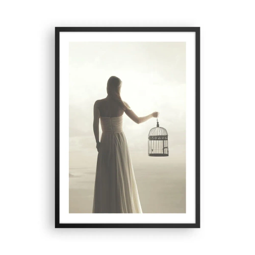 Affiche dans un cadre noir - Poster - Une femme avec une cage sur un paysage brumeux - 50x70cm - Soi libre - Décoration murale moderne pour le salon et la chambre ARTTOR