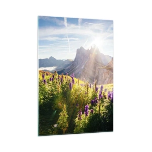 Impression sur verre - Image sur verre - Une prairie de montagne pleine de fleurs sur fond de pics rocheux au lever du soleil - 50x70cm - La vie secrète des herbes - Décoration murale moderne pour le salon et la chambre ARTTOR