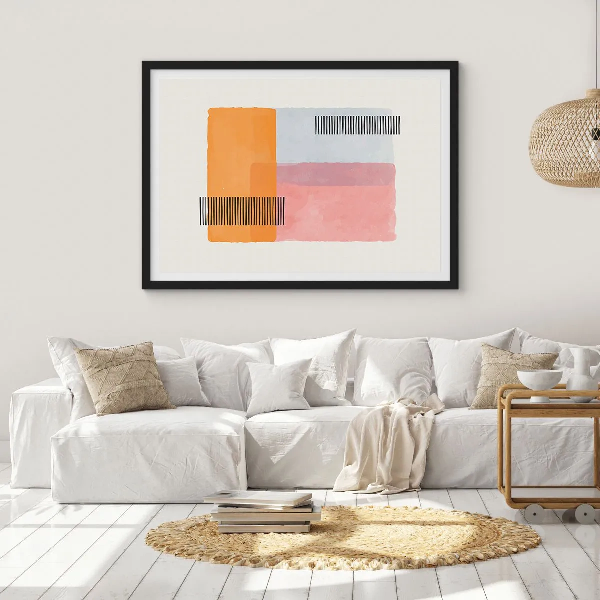 Affiche dans un cadre noir - Poster - Géométrie aux couleurs pastel avec des lignes sur fond clair - 70x50cm - D'un coin à l'autre - Décoration murale moderne pour le salon et la chambre ARTTOR