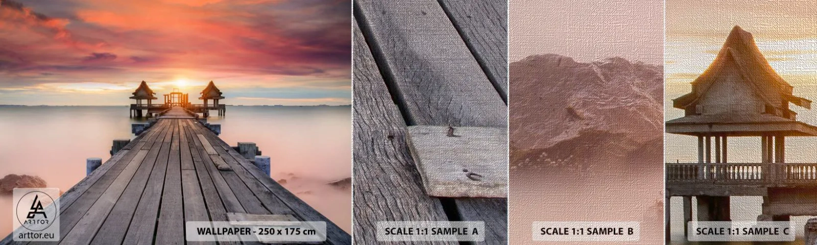 Échantillon de Papier Peint Premium Canvas - L'Ouest à l'Est - Paysage, Jetée en bois, Mer - 100x30 cm