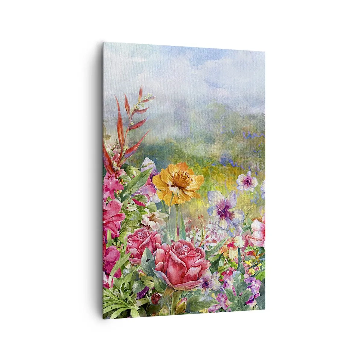 Impression sur toile - Image sur toile - Une composition colorée de fleurs sur un fond de paysage aux couleurs pastel - 80x120cm - Un jardin devenu fou - Décoration murale moderne pour le salon et la chambre ARTTOR
