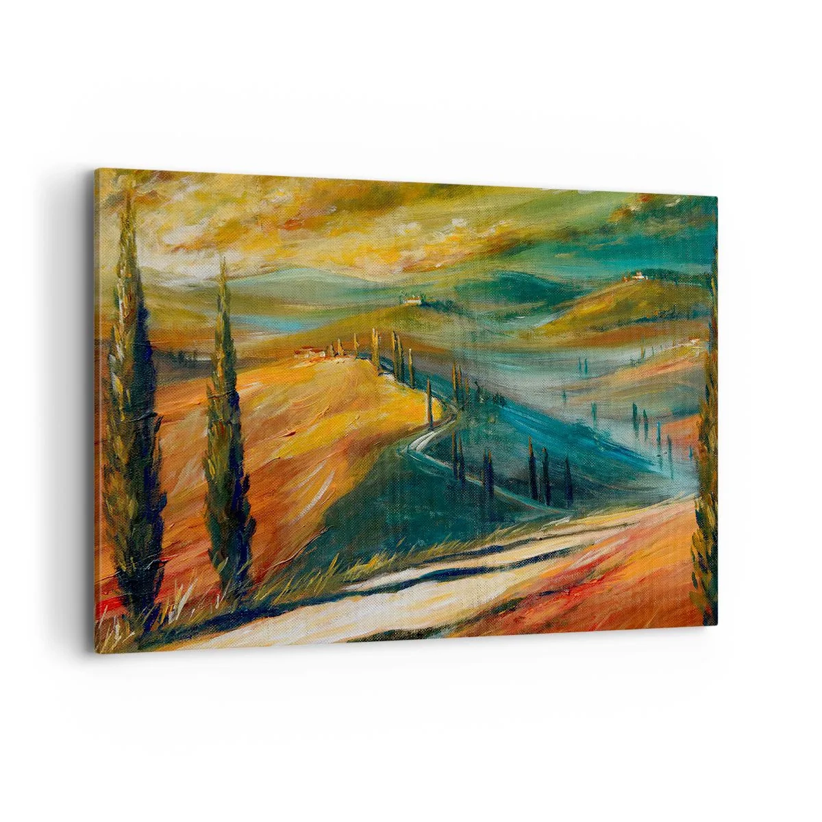 Impression sur toile - Image sur toile - Paysage toscan avec champs, route et cyprès - 100x70cm - paysage toscan - Décoration murale moderne pour le salon et la chambre ARTTOR