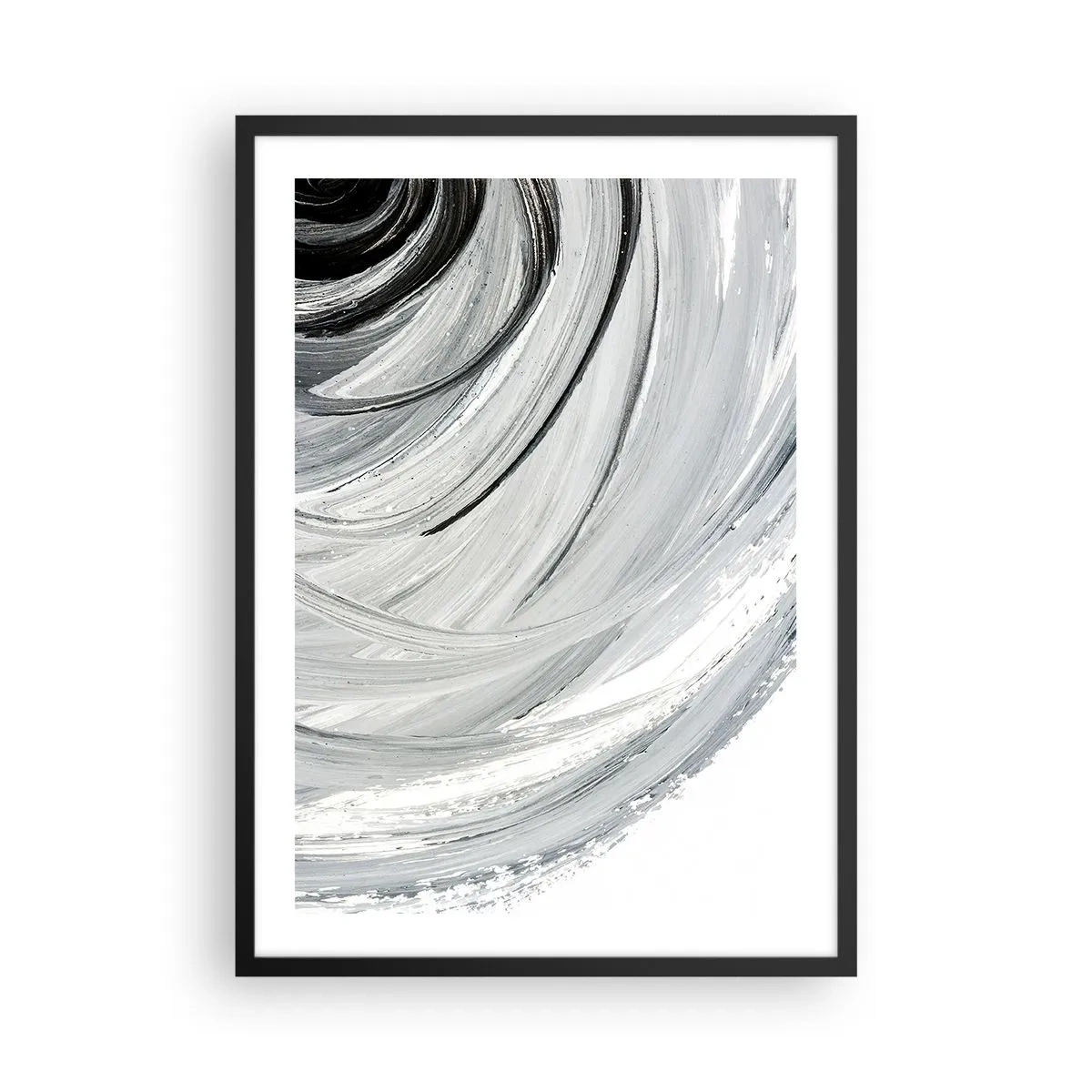 Affiche dans un cadre noir - Poster - Abstraction dynamique dans les tons de noir, blanc et gris - 50x70cm - Composition orbitale - Décoration murale moderne pour le salon et la chambre ARTTOR
