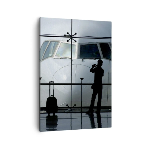 Impression sur toile - Image sur toile - Aéroport avec des silhouettes de personnes et une vue de l'avion - 50x70cm - Vis-à-vis de l'aéroport - Décoration murale moderne pour le salon et la chambre ARTTOR