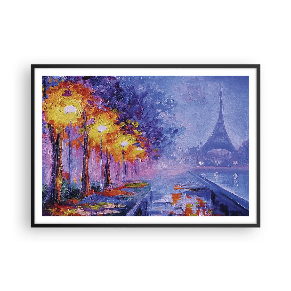 Affiche dans un cadre noir - Poster - Une avenue avec des lampadaires à Paris avec la Tour Eiffel en arrière-plan - 100x70cm - Une ballade idéale - Décoration murale moderne pour le salon et la chambre ARTTOR