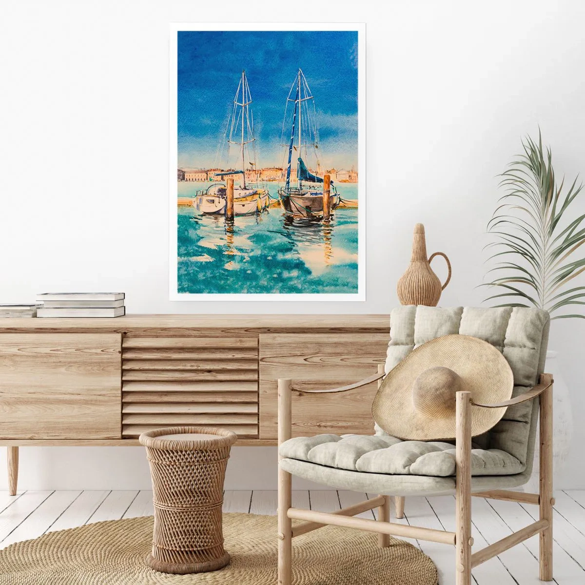 Affiche - Poster - Illustration à l'aquarelle de voiliers sur fond de lagon bleu par une journée ensoleillée. - 50x70cm - Lagune ensoleillée - Décoration murale moderne pour le salon et la chambre ARTTOR