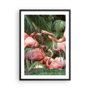 Affiche dans un cadre noir - Poster - Flamants roses dans un décor exotique de palmiers - 50x70cm - Potins d'après-midi - Décoration murale moderne pour le salon et la chambre ARTTOR