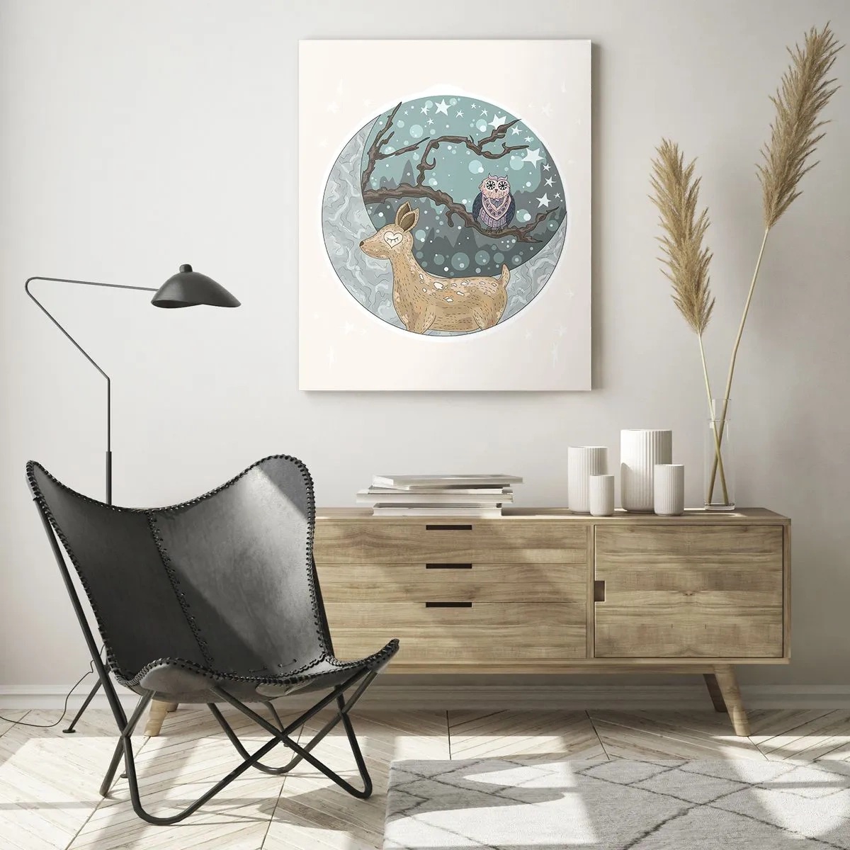 Impression sur verre - Image sur verre - Illustration d'un cerf et d'un hibou dans un décor magique - 50x70cm - Une nuit de conte de fées en forêt  - Décoration murale moderne pour le salon et la chambre ARTTOR